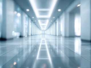 Futuristic, brightly lit, modern sterile corridor stretching into the distance