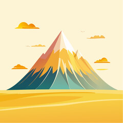 Stylized illustration of a mountain with snow-capped peak and golden landscape.