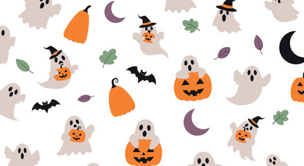 Halloween themed illustration with ghosts bats pumpkins and crescent moons on white background