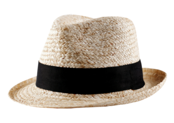A classic fedora hat, crafted from woven straw with a dark band accent, isolated on black