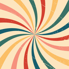 retro starburst sunburst background pattern and grunge textured vintage color palette of red yellow green blue beige peach in spiral or swirled radial striped vector design