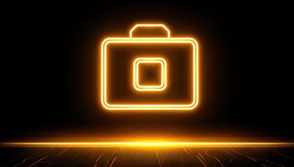 Neon orange briefcase icon glows on a dark, reflective, futuristic circuit board background