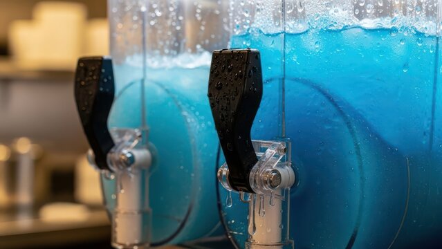 Frozen beverage dispensers filled with vibrant blue slush ready to quench thirst