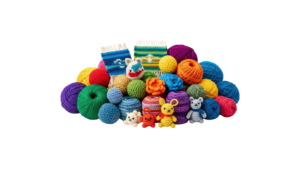 Colorful yarn and knitted toys isolated on black