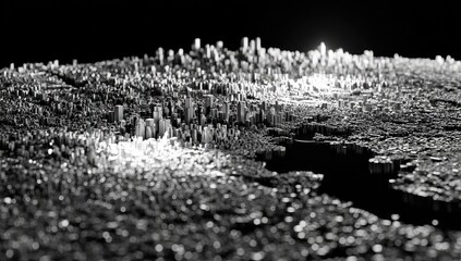 Monochromatic city skyline rendered as 3D terrain