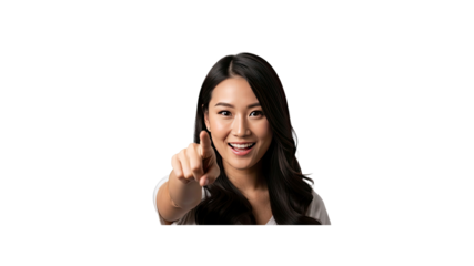 Smiling Asian woman pointing at viewer
