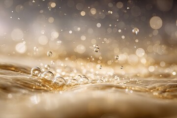 Golden liquid ripples with numerous sparkling bubbles and abstract light bokeh