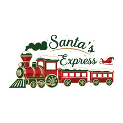 Horizontal composition of a red “Santa Express” train with carriages full of presents and trees, decorated with snow and stars. Ideal for web headers, banners, tickets, and party invitations, merry © Arf_Studio