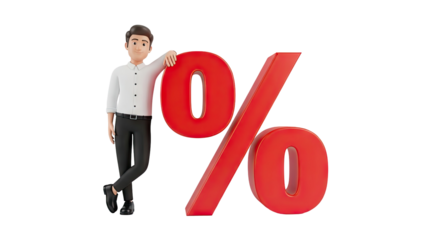 Man Leaning on Giant Red Percentage Symbol: Sale and Discount Concept