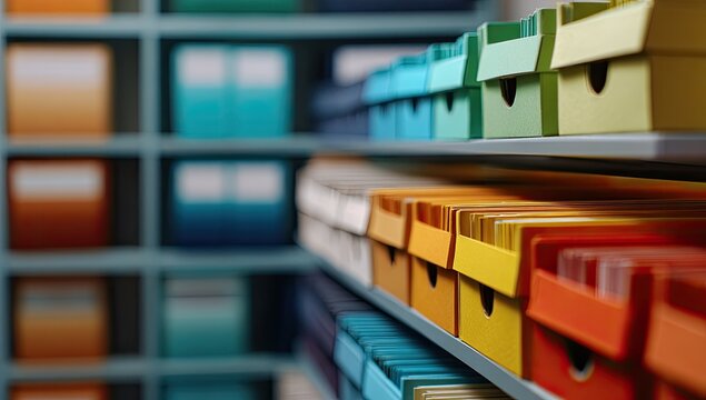 Rows of colorful storage bins and folders neatly organized on shelves