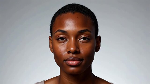Close-up portrait of a beautiful young African American woman with short hair blinking.