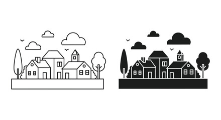 Charming village landscape with houses trees and clouds represented in a striking black and white silhouette © Bsicon02