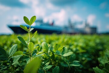 Lush green field with a large boat in the blurred background under a bright sky