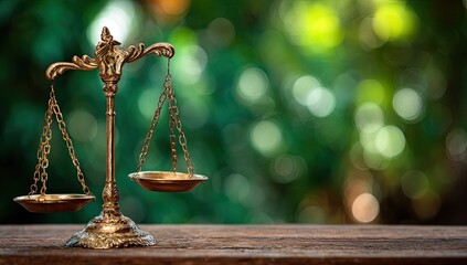 Ornate golden balance scales rest on a weathered wooden surface against a blurred green backdrop