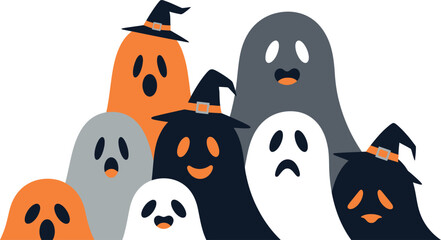 Group of happy halloween ghosts and pumpkins in different colors and sizes
