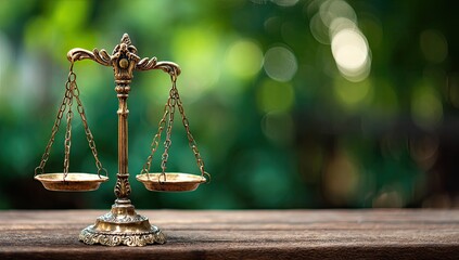 Ornate brass scales of justice rest on a weathered wooden surface outdoors