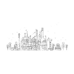 Obraz premium A monochrome line drawing of an industrial cityscape with trees and various buildings sketched out nicely