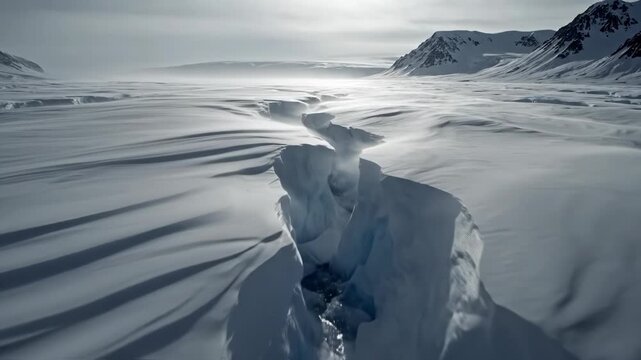 Dramatic aerial view of a deep crevasse cutting through a vast, windswept snow and ice field in a remote polar or arctic landscape under bright, hazy sunlight