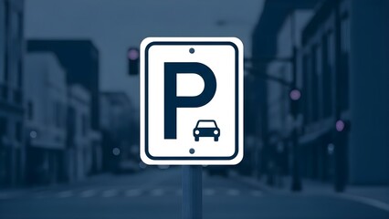 A clear white parking sign featuring a car symbol stands prominently on a pole against a blurred blue urban street background, indicating available vehicle space in a modern city environment