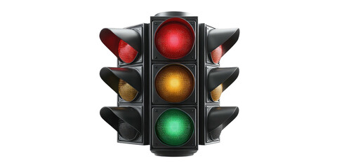A realistic depiction of a vertical traffic signal with red, yellow, and green lights illuminated