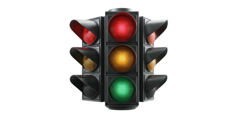 A realistic depiction of a vertical traffic signal with red, yellow, and green lights illuminated