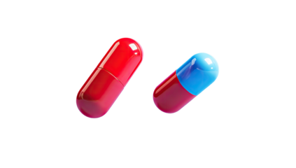 Close-up of two colorful capsules, one red and one blue, against a stark black background