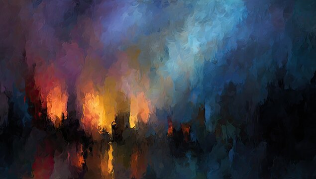 Abstract landscape with fiery glows amidst somber tones, suggestive of fire and smoke