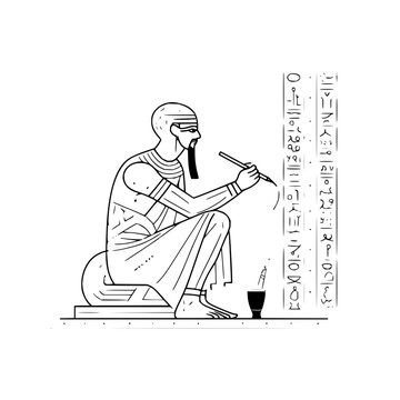 An egyptian scribe depicted in a line drawing writing on a wall with hieroglyphics in black and white