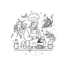 Chef preparing a seafood dish with fantastical sea creatures and kitchen utensils in black and white style