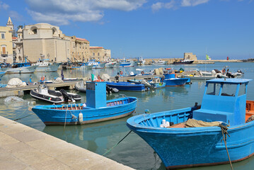 Fishing boats moored in scenic Italian harbor. Blue fishing boats docked in a vibrant harbor with historic architecture under a clear sky,