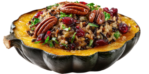 A close-up shot of a halved squash filled with a wild rice mix, cranberries and pecans