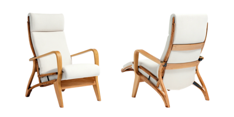Two views of a modern, high-backed chair with a light wooden frame and off-white cushions