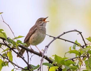 Fototapeta premium A small brown songbird perched on a leafy branch, singing its heart out in the morning light