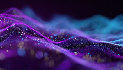Abstract digital visualization of swirling, undulating waveforms in vibrant purple and teal hues
