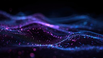 Abstract digital wave formation in blue and purple hues with bokeh effects over a dark backdrop