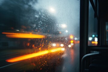 Blurred lights on a wet window from inside a vehicle at night