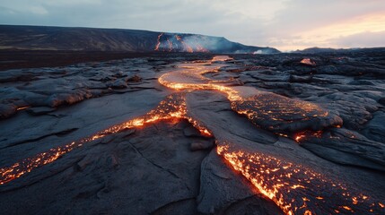 Lava flows from a volcanic eruption at dusk in Iceland's rugged landscape