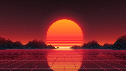 Synthwave landscape. A fiery orb sets above pixelated mountains, reflecting on a grid-like surface