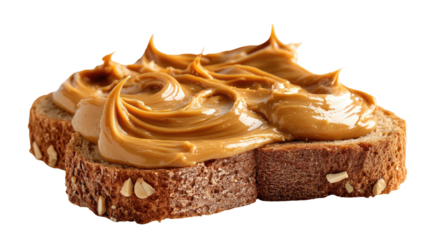 Close-up of sliced bread topped with a generous swirl of smooth, creamy caramel
