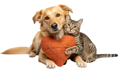 Dog and Cat with Heart-Shaped Toy in Tender Moment with Soft Warm Lighting on White Background for Pet Love Campaign transparent background.