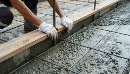 A worker in gloves and boots is setting up wooden formwork and rebar for pouring a concrete slab on a construction site.