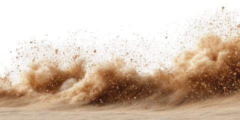 An explosion of dust, suspended in mid-air against a black background. Brown particles
