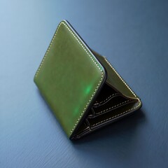 Elegant green leather wallet with yellow stitching on blue surface