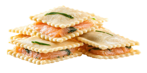 Stack of savory, square pasta filled with orange-colored fish and green herbs