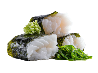 Close-up of sushi hand rolls with fish, rice, nori, and seaweed against black backdrop
