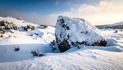 Snow-covered landscape with a large rock in the foreground, under a bright blue sky