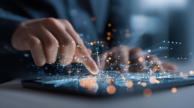 A businessman interacts with a digital interface showcasing data visualization elements. - Powered by Adobe