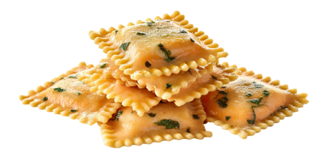 Close-up of a pile of square pasta, golden with decorative edges, garnished with herbs