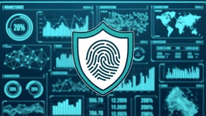 Futuristic Digital Security Concept with Biometric Fingerprint Shield on a Cyber Data Analytics Interface, Representing Advanced Information Protection and Network Defense