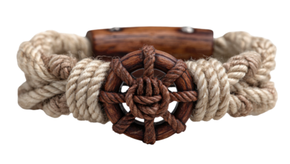Nautical-themed bracelet featuring a wooden wheel charm, rope design, and a wooden clasp